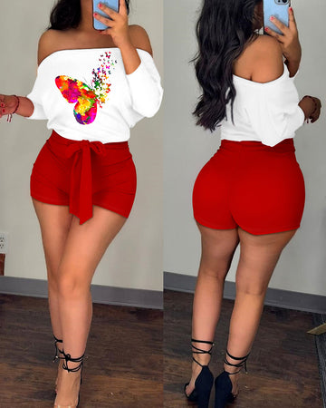 Butterfly Tie Dye Print Off Shoulder Romper